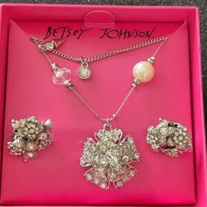 Betsey Johnson Silver Necklace and earrings with Crystal Accents